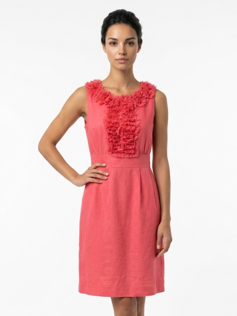 TAYLOR Anthropologie Dress 100% Linen Shift Ruffle Lined Sleeveless Fit Flare